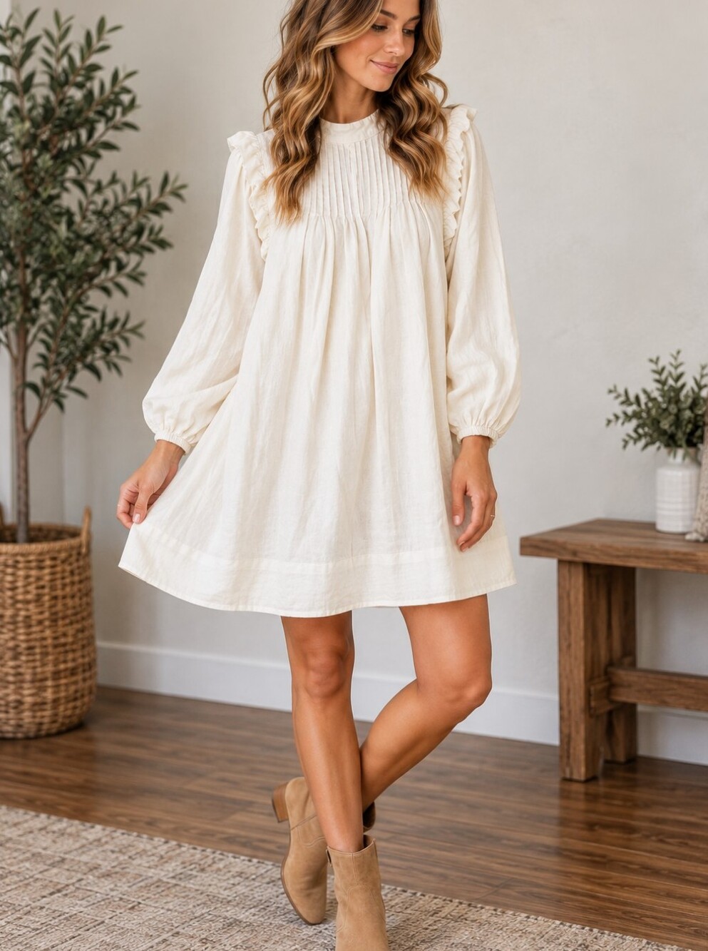 Free People Ivory Linen Blend Pintuck Babydoll Tunic Dress Ruffle Boho